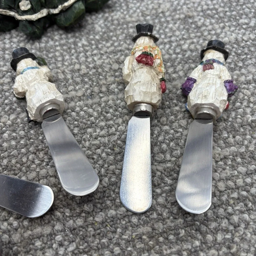 Snowman Cheese Butter Jam Spreaders In Festive Christmas Tree Holder Resin‎